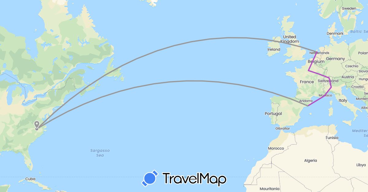 TravelMap itinerary: driving, plane, train in Switzerland, Spain, France, Italy, Netherlands, United States (Europe, North America)